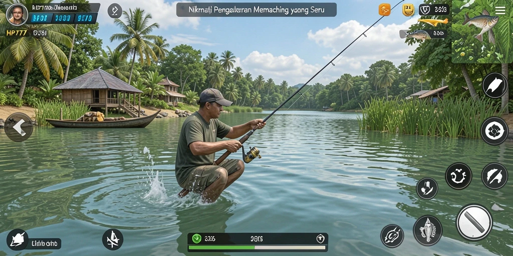 Tampilan gameplay seru dan menantang dari HP777 saat memancing ikan.