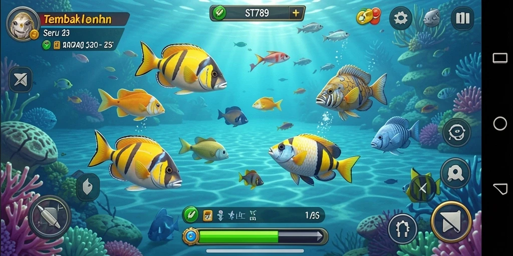 Screenshot utama ST789 menampilkan aksi menembak ikan yang seru.