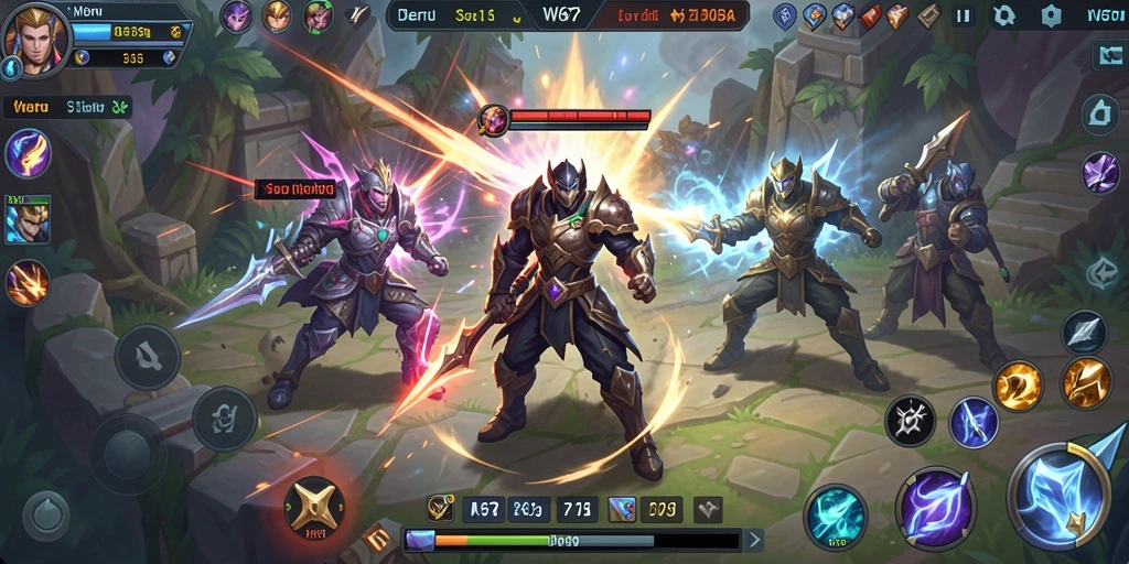 Screenshot gameplay W67 menunjukkan pertarungan seru di arena MOBA.